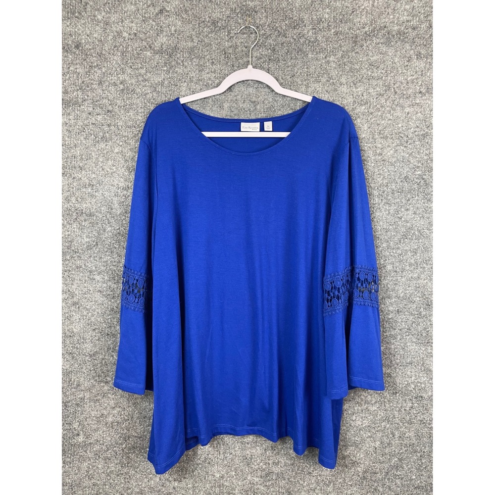 Kim Rogers Top Women 3X Blue Excellent Crochet Lace 3/4 Sleeve Knit‎ Blouse